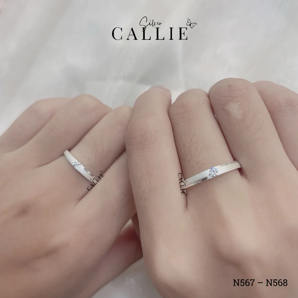 N567 - N568: Nhẫn đôi bạc Callie Silver 1 viên chủ đai cát hai bên - Image 2