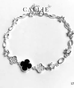 LT196 - Lắc tay bạc Callie Silver cỏ 4 lá đen đính full đá hai bên