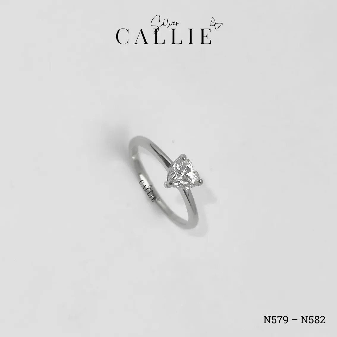 N579 - N582: Nhẫn Bạc Callie Silver Đá Mois Trái Tim Đai Trơn - Hình ảnh 3
