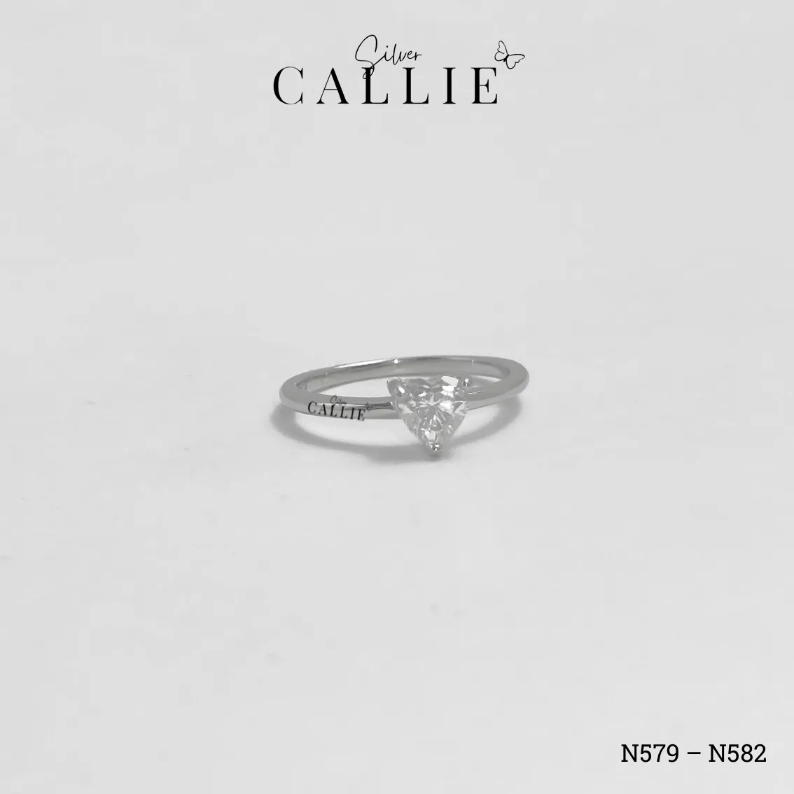 N579 - N582: Nhẫn Bạc Callie Silver Đá Mois Trái Tim Đai Trơn - Hình ảnh 4