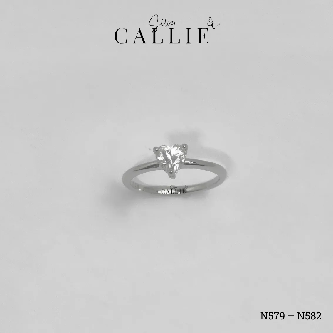 N579 - N582: Nhẫn Bạc Callie Silver Đá Mois Trái Tim Đai Trơn