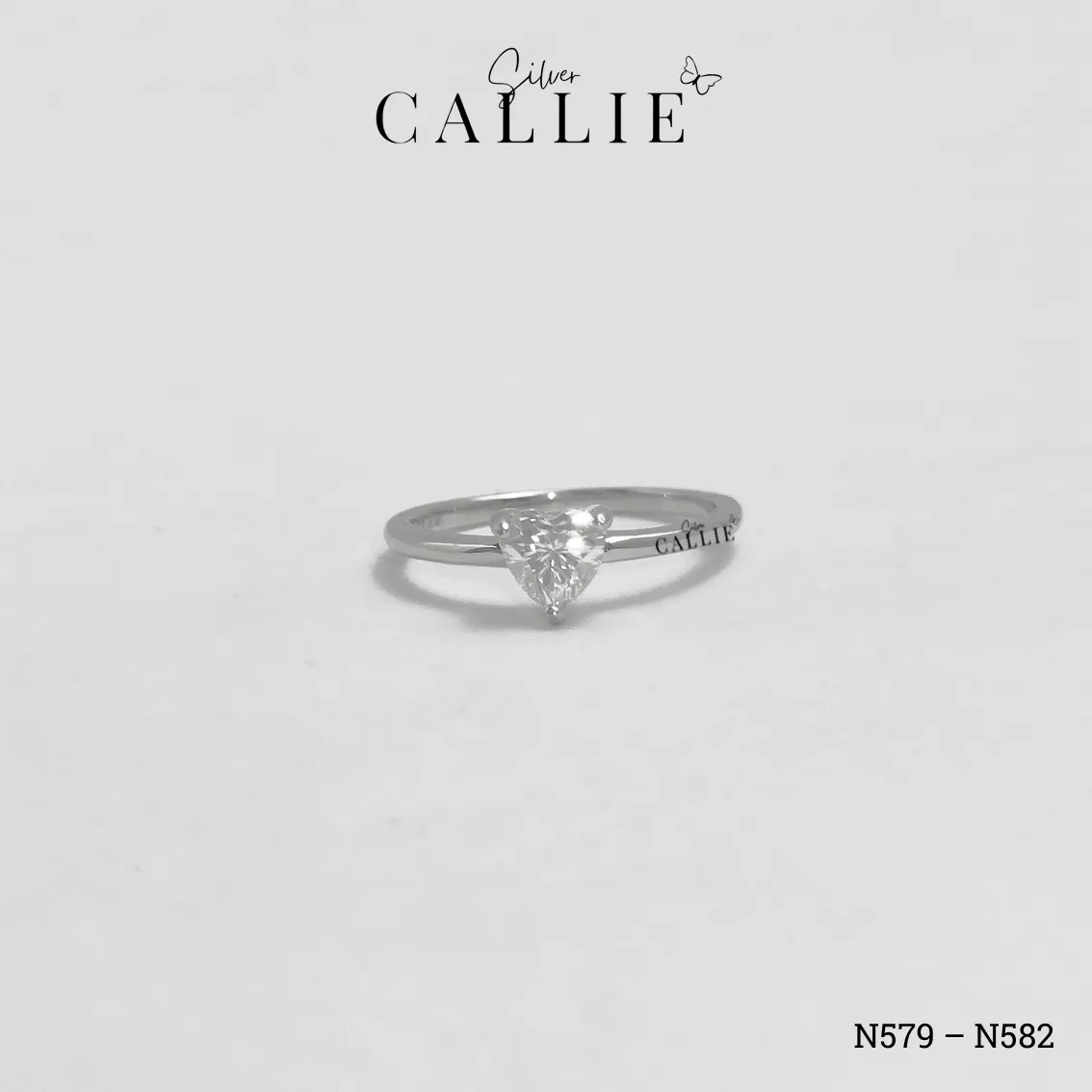 N579 - N582: Nhẫn Bạc Callie Silver Đá Mois Trái Tim Đai Trơn - Hình ảnh 7