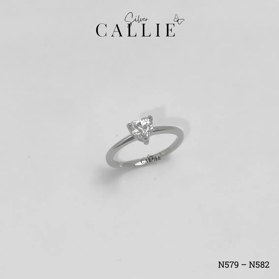 N579 - N582: Nhẫn Bạc Callie Silver Đá Mois Trái Tim Đai Trơn - Hình ảnh 8