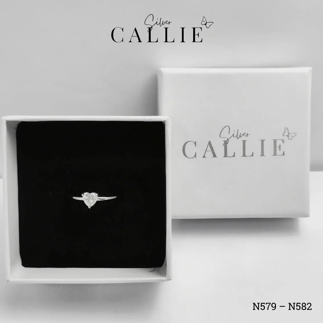 N579 - N582: Nhẫn Bạc Callie Silver Đá Mois Trái Tim Đai Trơn - Hình ảnh 9