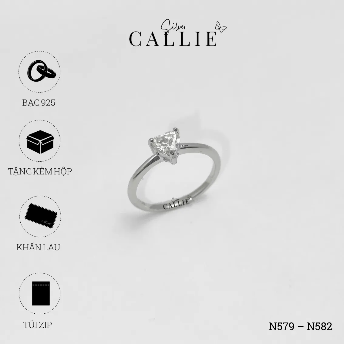 N579 - N582: Nhẫn Bạc Callie Silver Đá Mois Trái Tim Đai Trơn - Hình ảnh 10