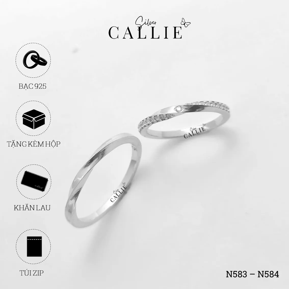 N583 - N584: Nhẫn bạc đôi thiết kế Callie Silver Đai Xoắn - Hình ảnh 9