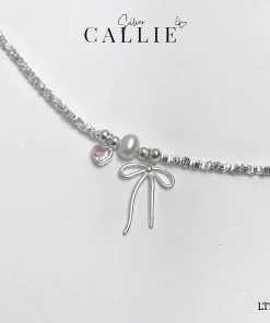 LT202 - Lắc tay bạc Callie Silver charm nơ ngọc và tim hồng