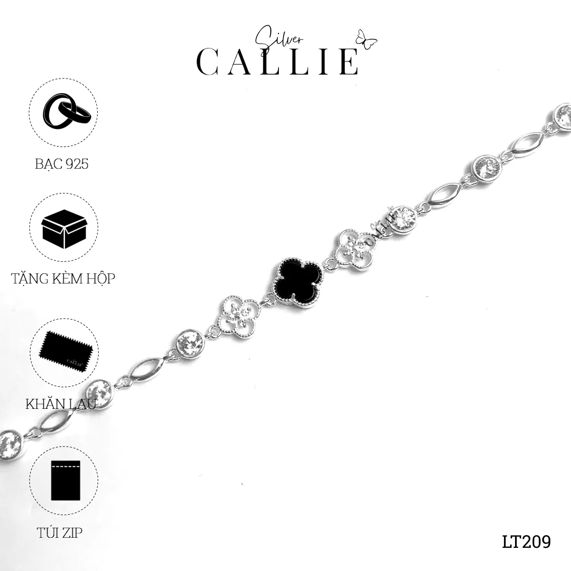 LT209 - Lắc tay bạc Callie Silver cỏ 4 lá màu đen - Image 10