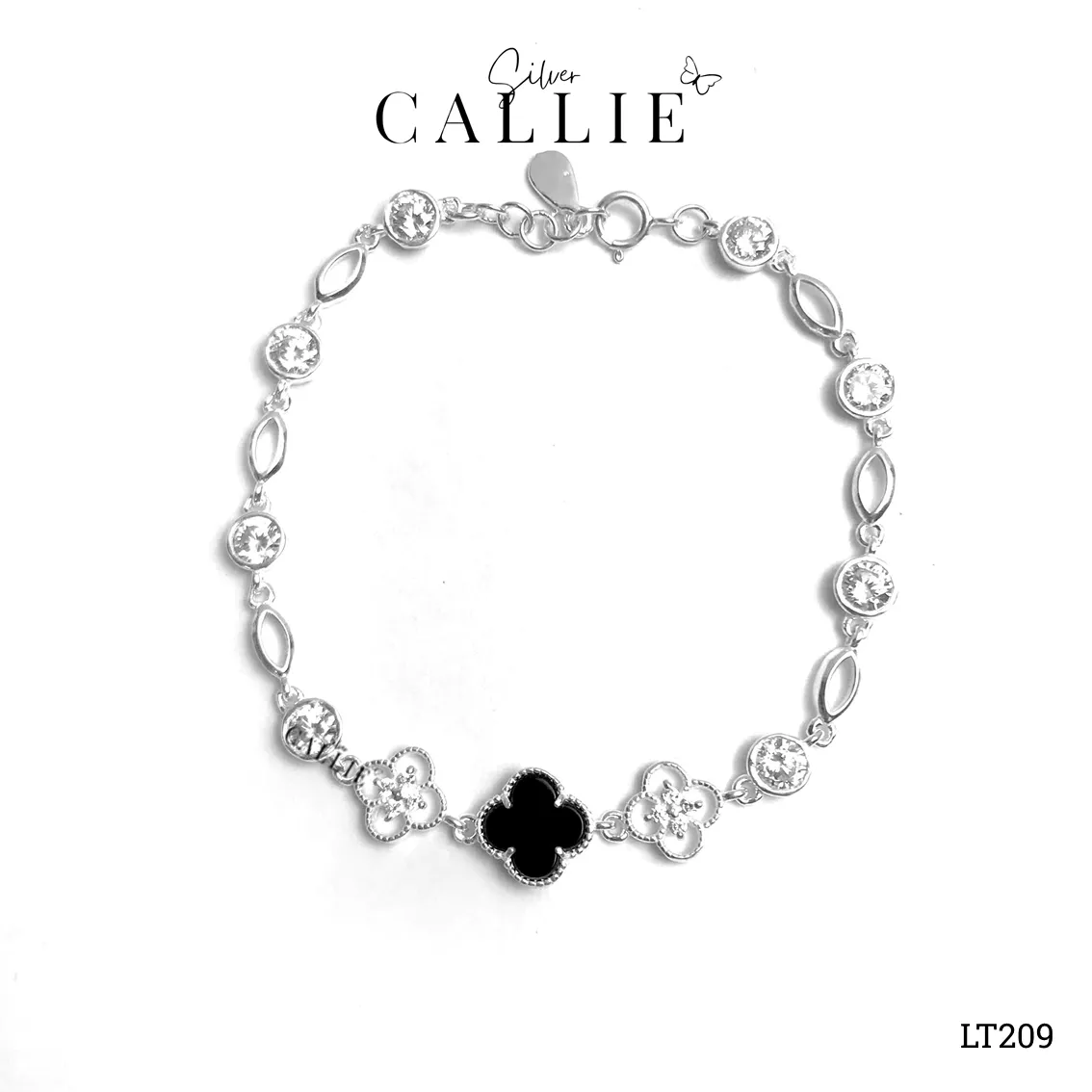 LT209 - Lắc tay bạc Callie Silver cỏ 4 lá màu đen - Image 3