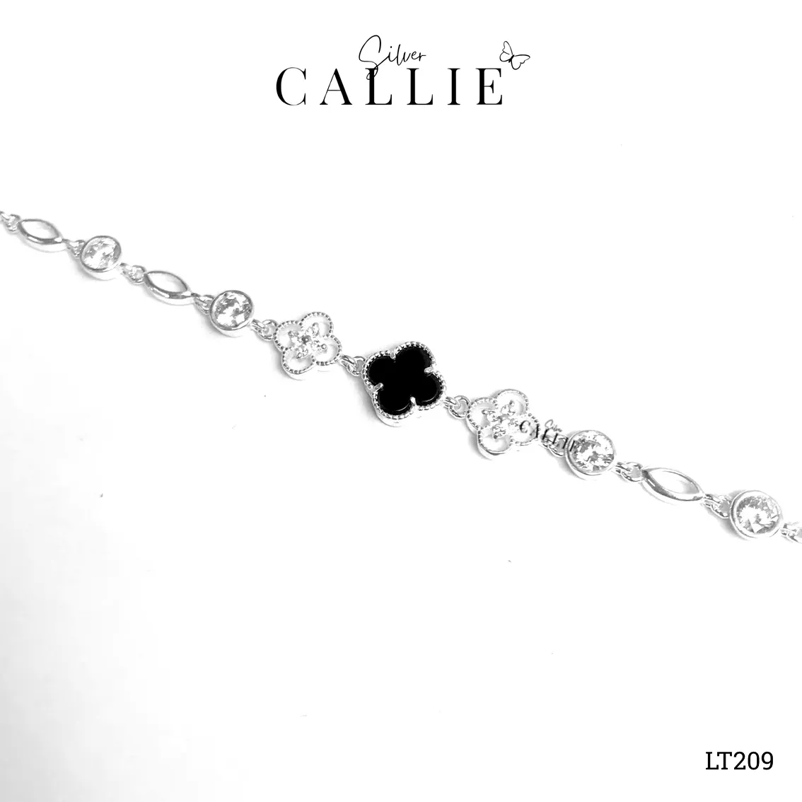 LT209 - Lắc tay bạc Callie Silver cỏ 4 lá màu đen - Image 4