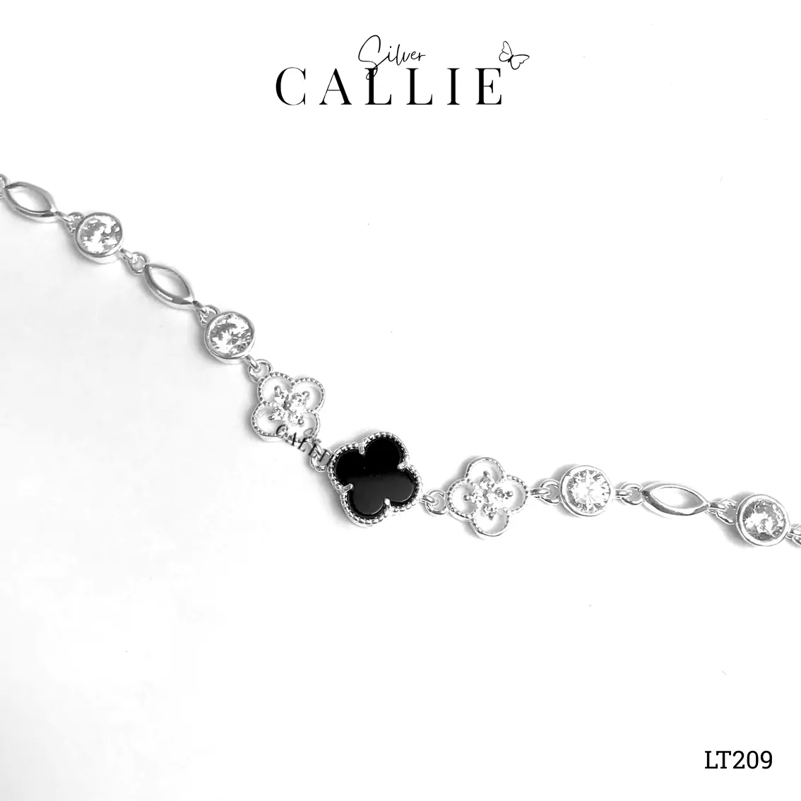 LT209 - Lắc tay bạc Callie Silver cỏ 4 lá màu đen - Image 5