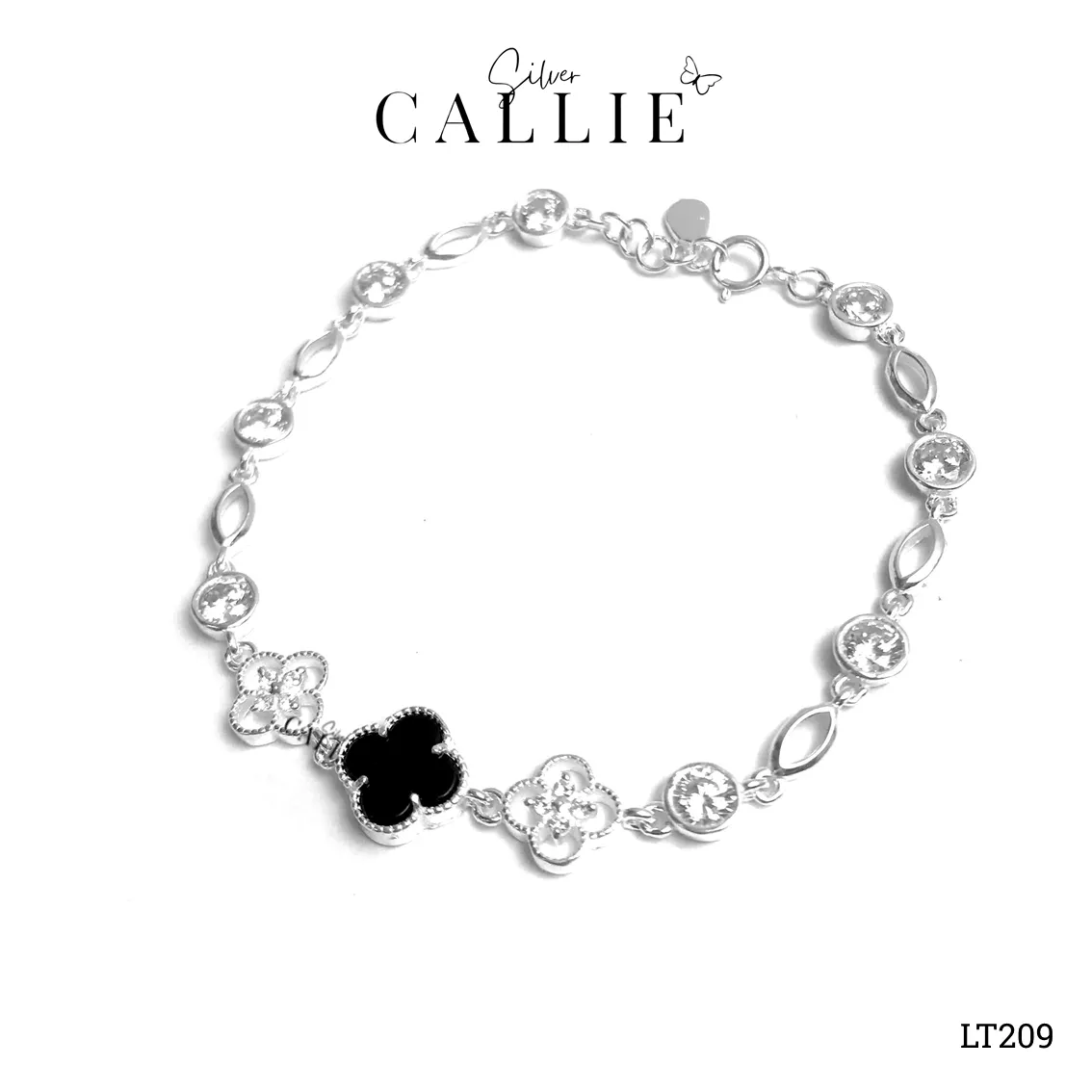 LT209 - Lắc tay bạc Callie Silver cỏ 4 lá màu đen - Image 6