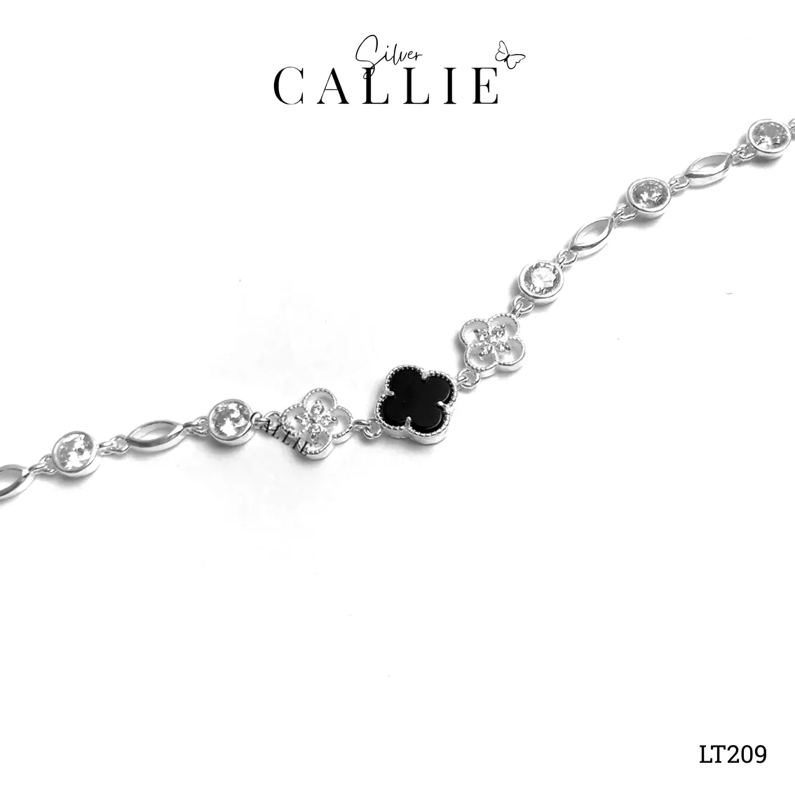 LT209 - Lắc tay bạc Callie Silver cỏ 4 lá màu đen - Image 7