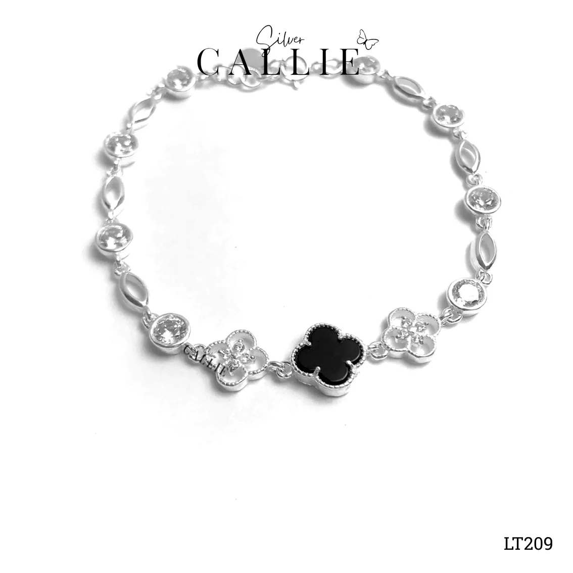 LT209 - Lắc tay bạc Callie Silver cỏ 4 lá màu đen