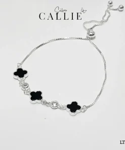 LT241 - Lắc tay bạc Callie Silver cỏ 4 lá đen dây rút