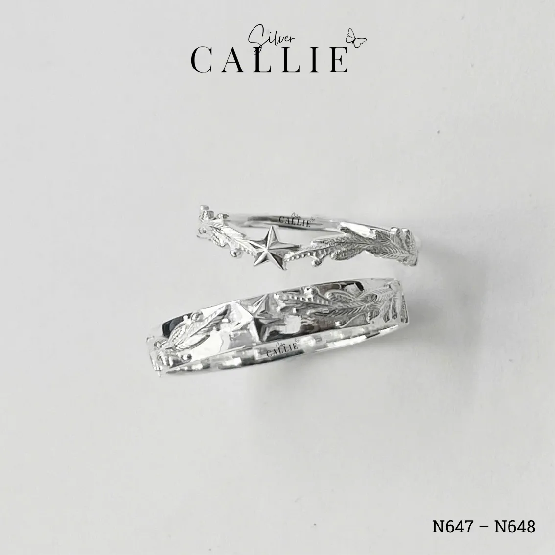 N647 - N648: Nhẫn Bạc Thiết Kế Callie Silver Cành Tùng Quân Đội