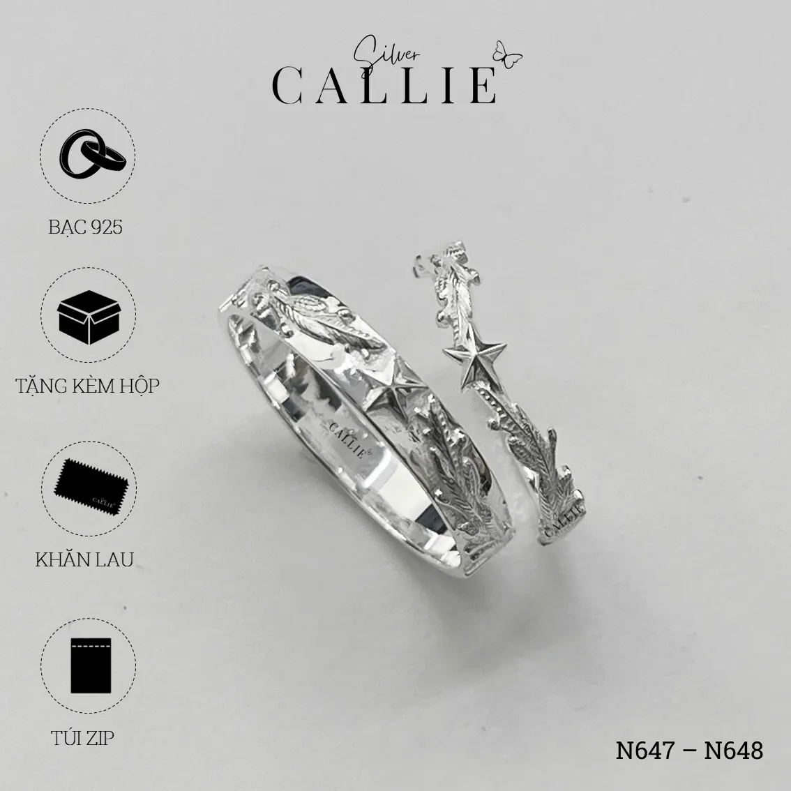 N647 - N648: Nhẫn Bạc Thiết Kế Callie Silver Cành Tùng Quân Đội - Image 9