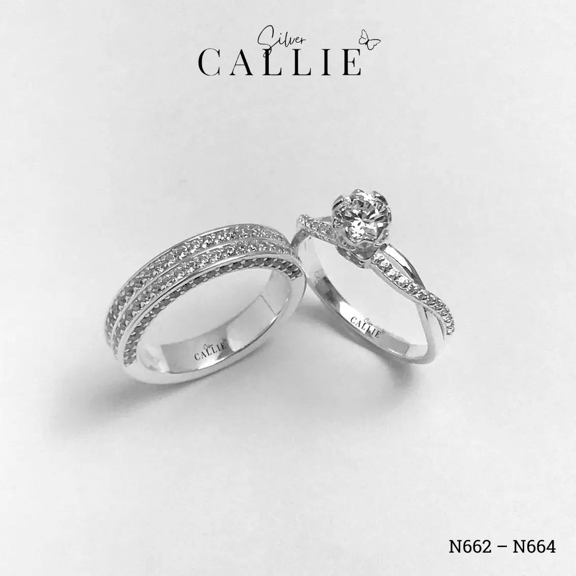 N662 - N664: Nhẫn Bạc Đôi Thiết Kế Callie Silver Đính Đá - Hình ảnh 2
