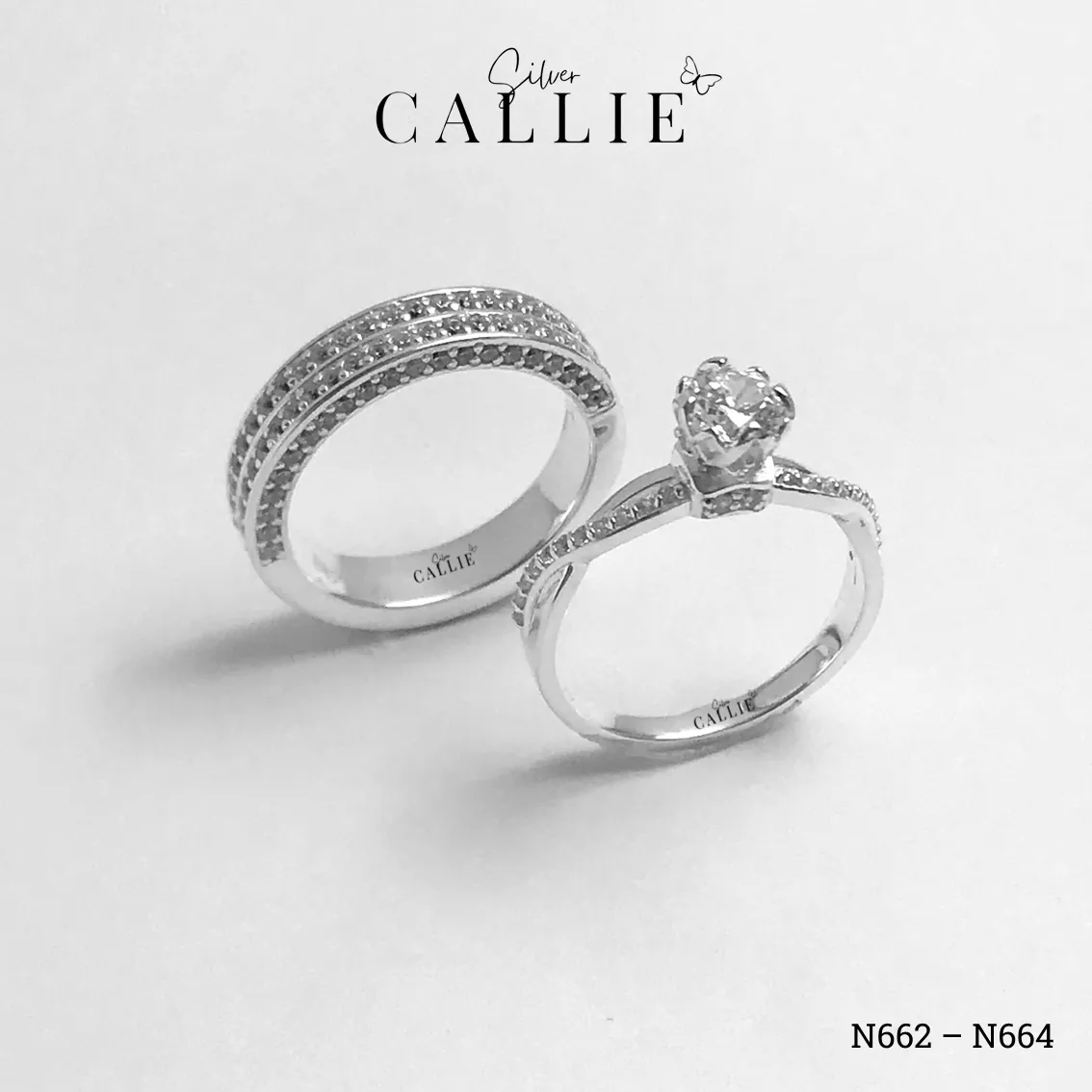 N662 - N664: Nhẫn Bạc Đôi Thiết Kế Callie Silver Đính Đá - Hình ảnh 4