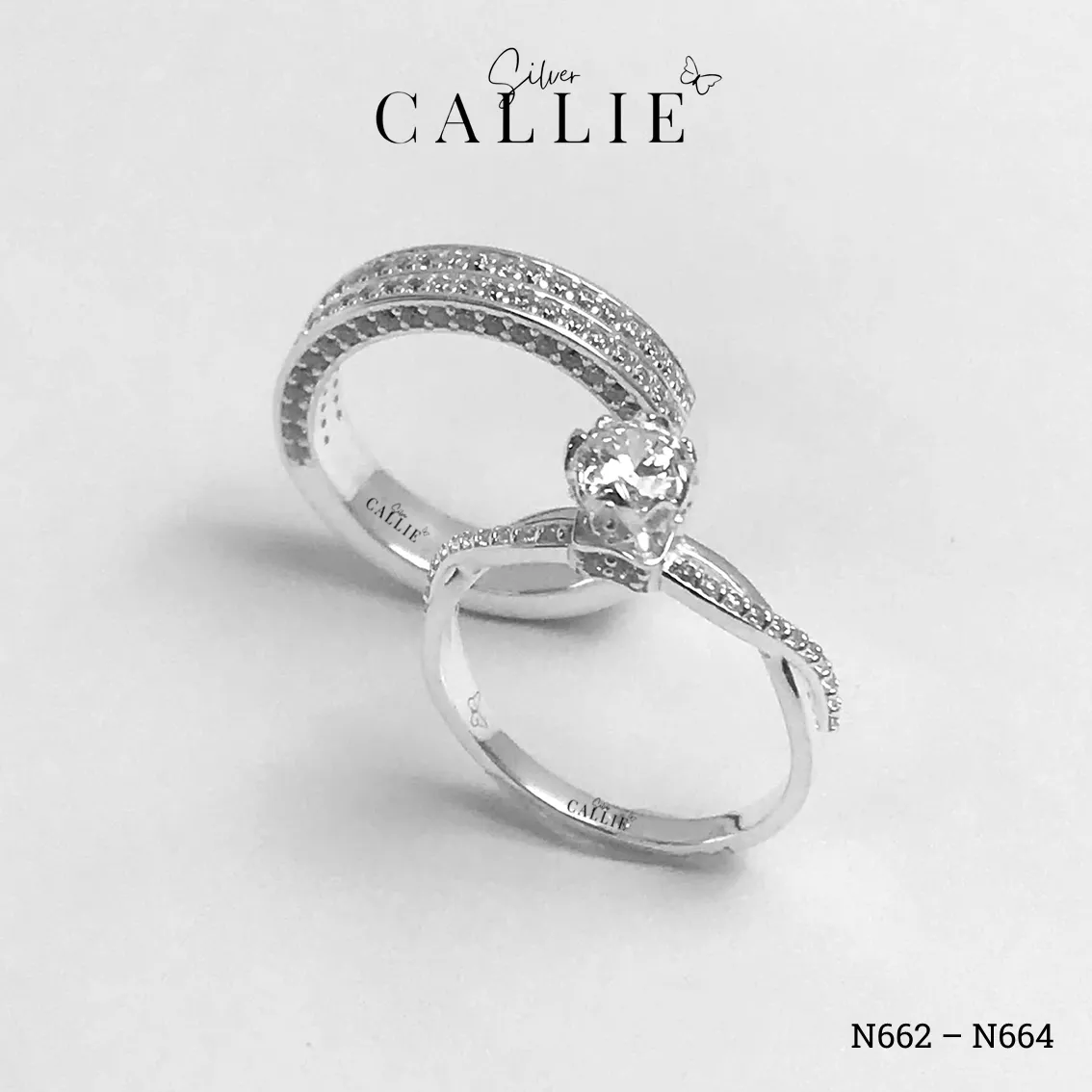N662 - N664: Nhẫn Bạc Đôi Thiết Kế Callie Silver Đính Đá - Hình ảnh 5