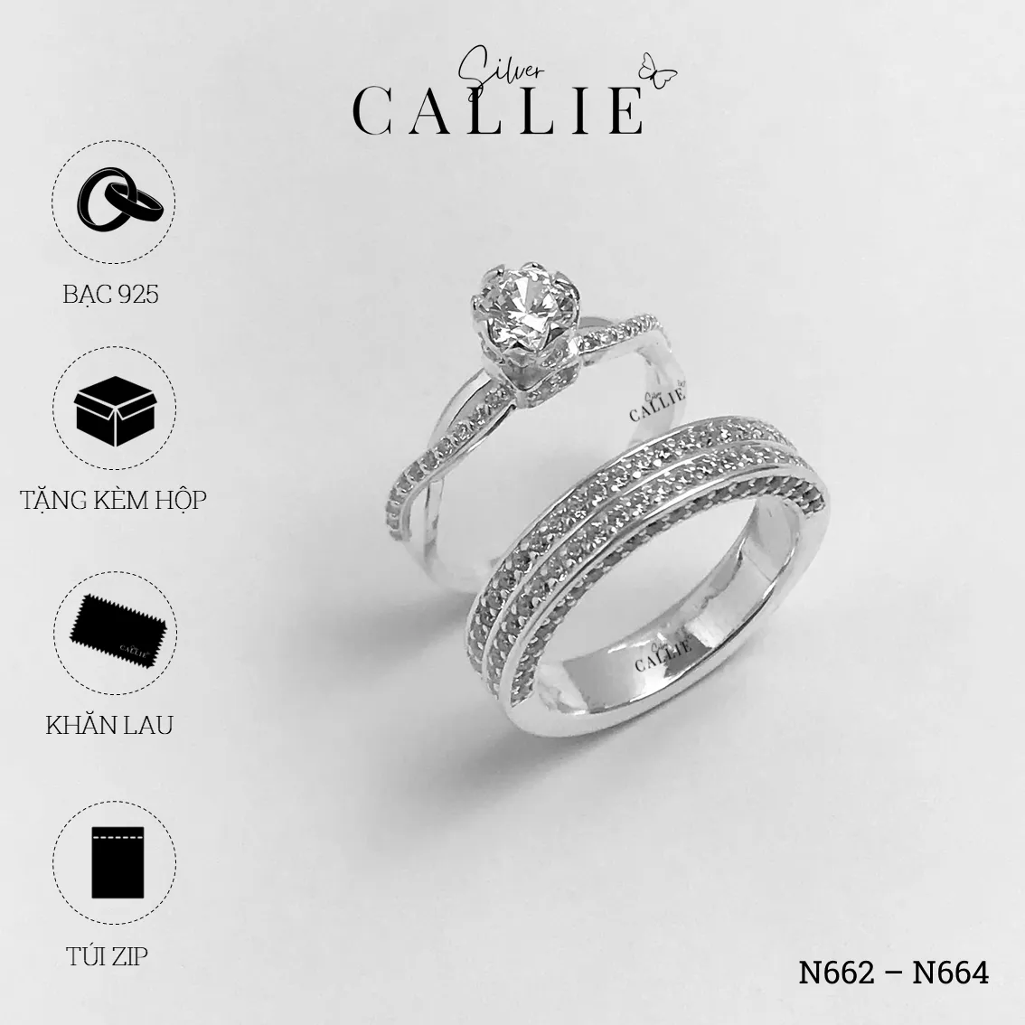 N662 - N664: Nhẫn Bạc Đôi Thiết Kế Callie Silver Đính Đá - Hình ảnh 8