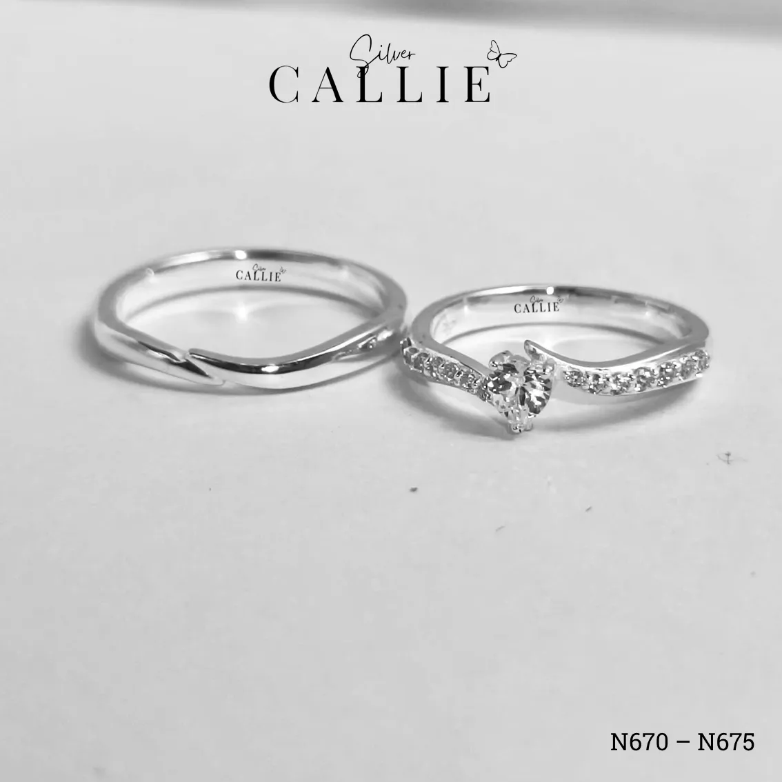 N670 - N675: Nhẫn Bạc Đôi Thiết Kế Callie Silver Đai Chéo - Image 2
