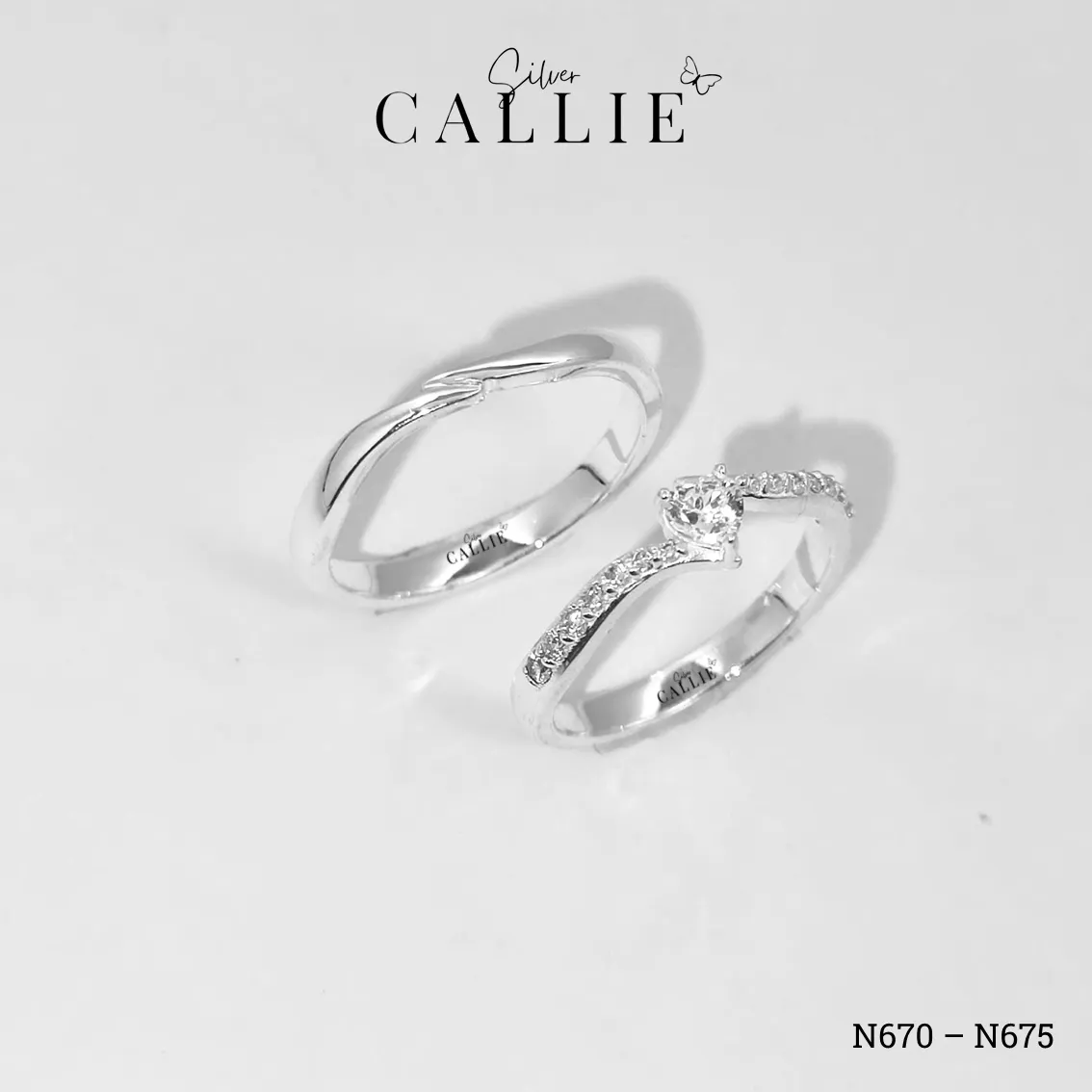 N670 - N675: Nhẫn Bạc Đôi Thiết Kế Callie Silver Đai Chéo - Image 3