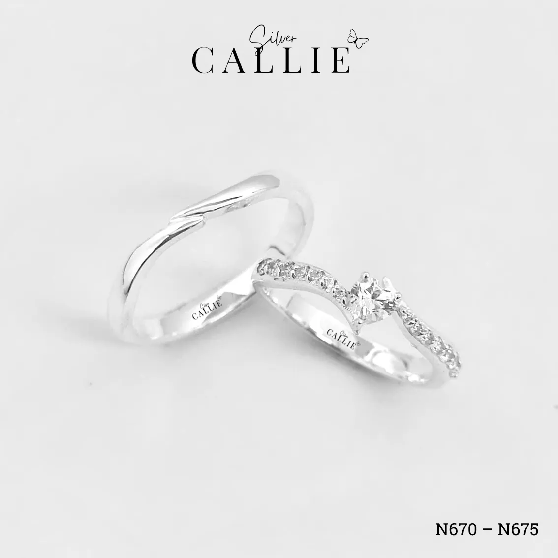 N670 - N675: Nhẫn Bạc Đôi Thiết Kế Callie Silver Đai Chéo