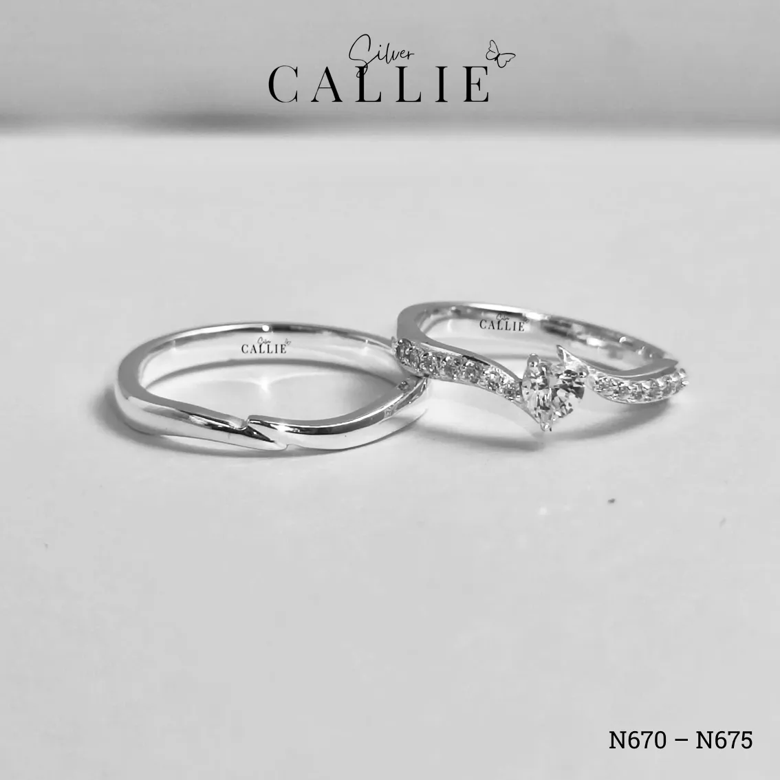 N670 - N675: Nhẫn Bạc Đôi Thiết Kế Callie Silver Đai Chéo - Image 5