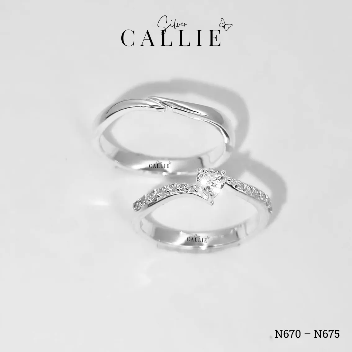 N670 - N675: Nhẫn Bạc Đôi Thiết Kế Callie Silver Đai Chéo - Image 6
