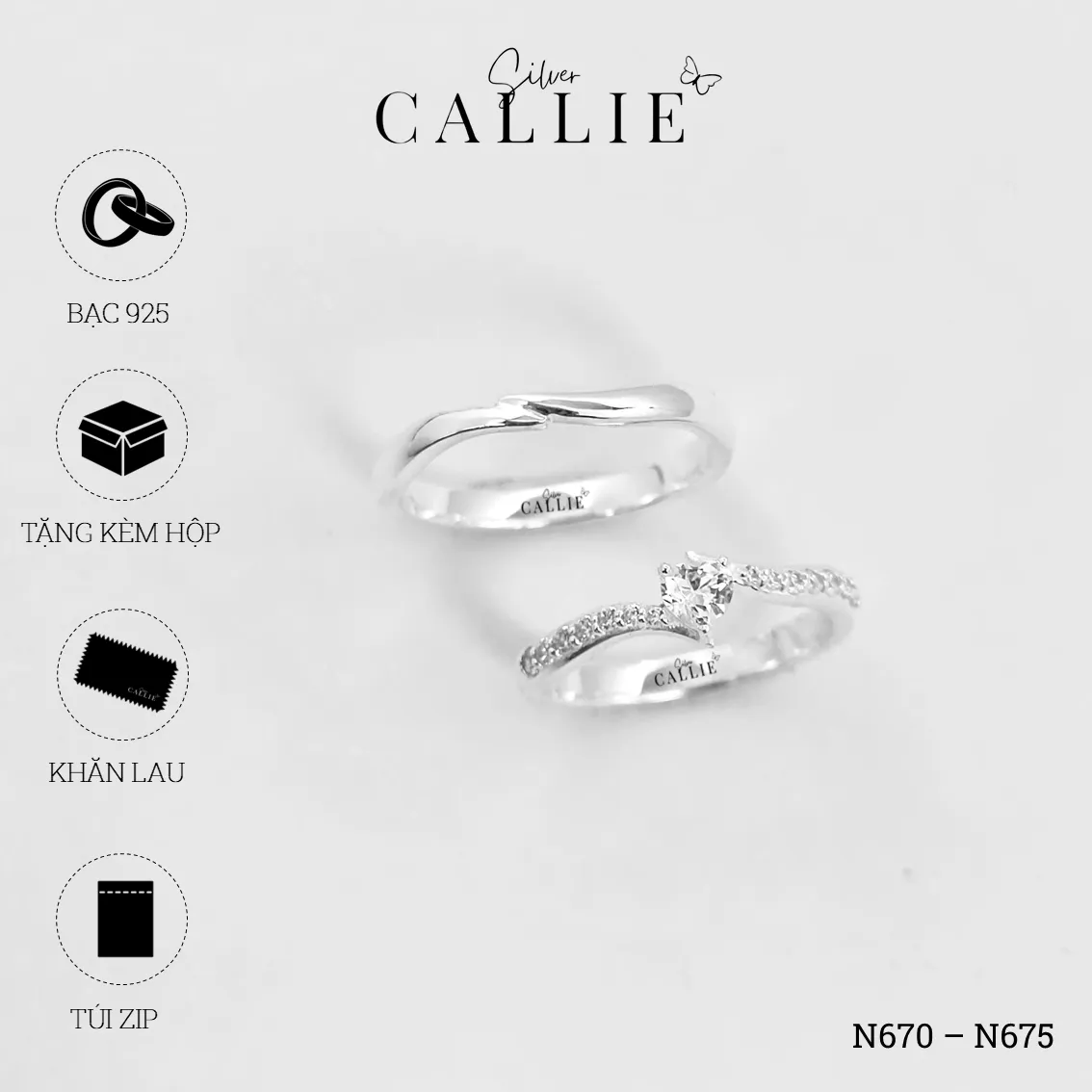 N670 - N675: Nhẫn Bạc Đôi Thiết Kế Callie Silver Đai Chéo - Image 8
