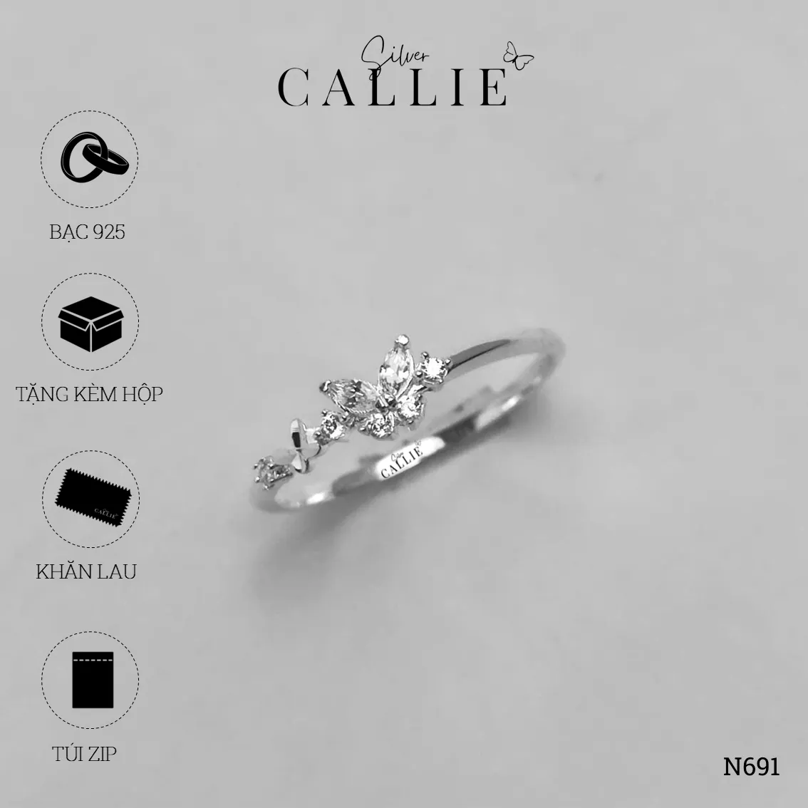 N691 - Nhẫn bạc Callie Silver bươm bướm cắt máy - Hình ảnh 9