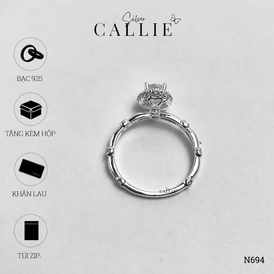 N694 - Nhẫn bạc Callie Silver 1 viên chủ kiểu công chúa - Hình ảnh 9