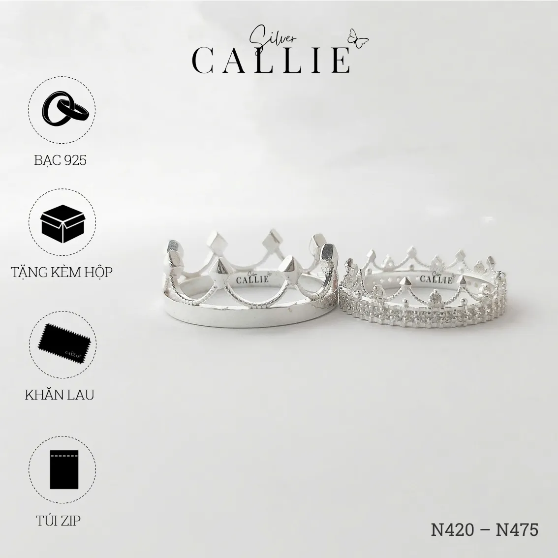 N420 - N475: Nhẫn Bạc Đôi Thiết Kế Callie Silver Vương Miện - Hình ảnh 9