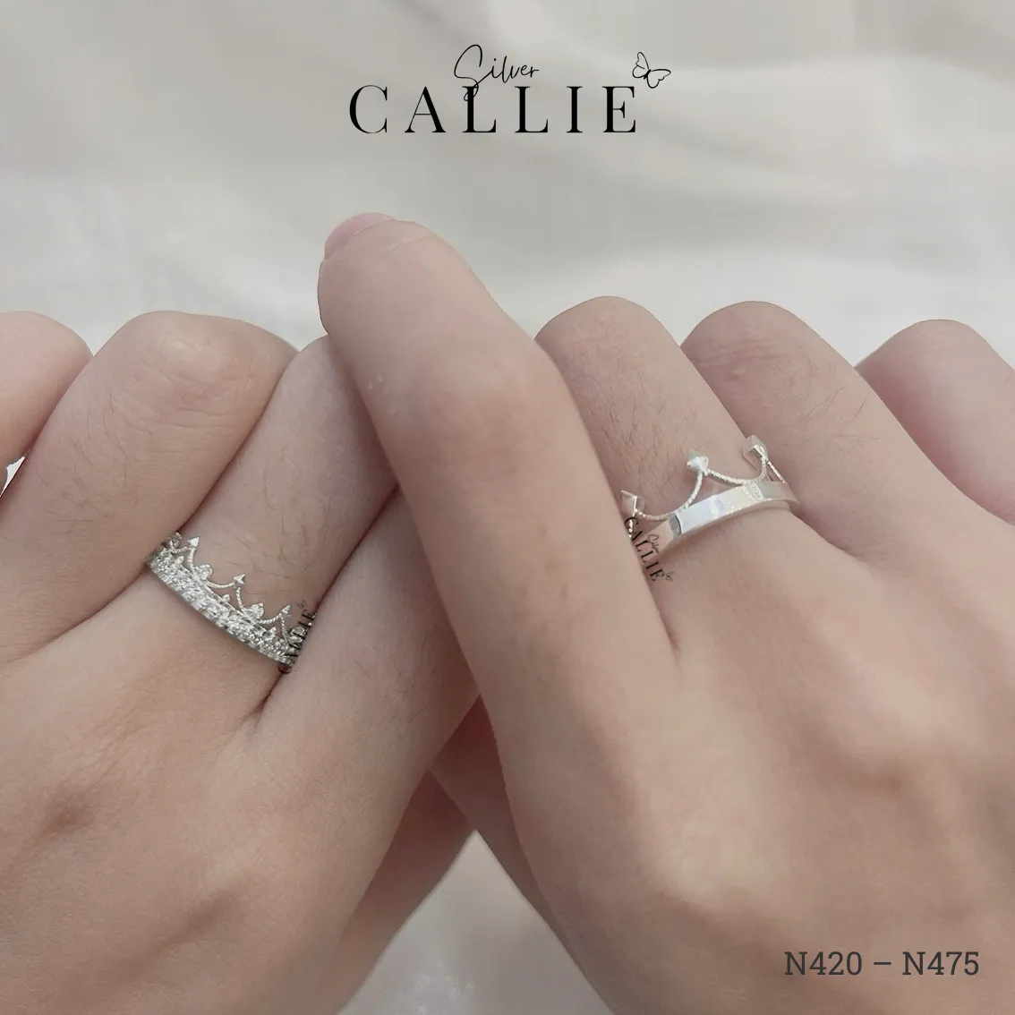 N420 - N475: Nhẫn Bạc Đôi Thiết Kế Callie Silver Vương Miện - Hình ảnh 2