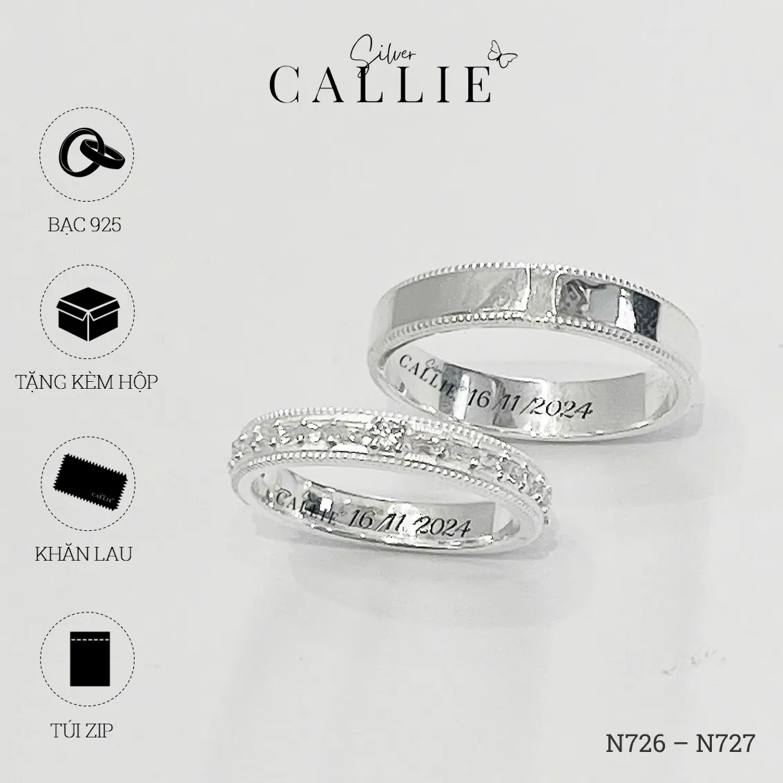 N726 - N727: Nhẫn Bạc Thiết Kế Callie Silver 1 Viên Chủ Viền Bi - Image 9