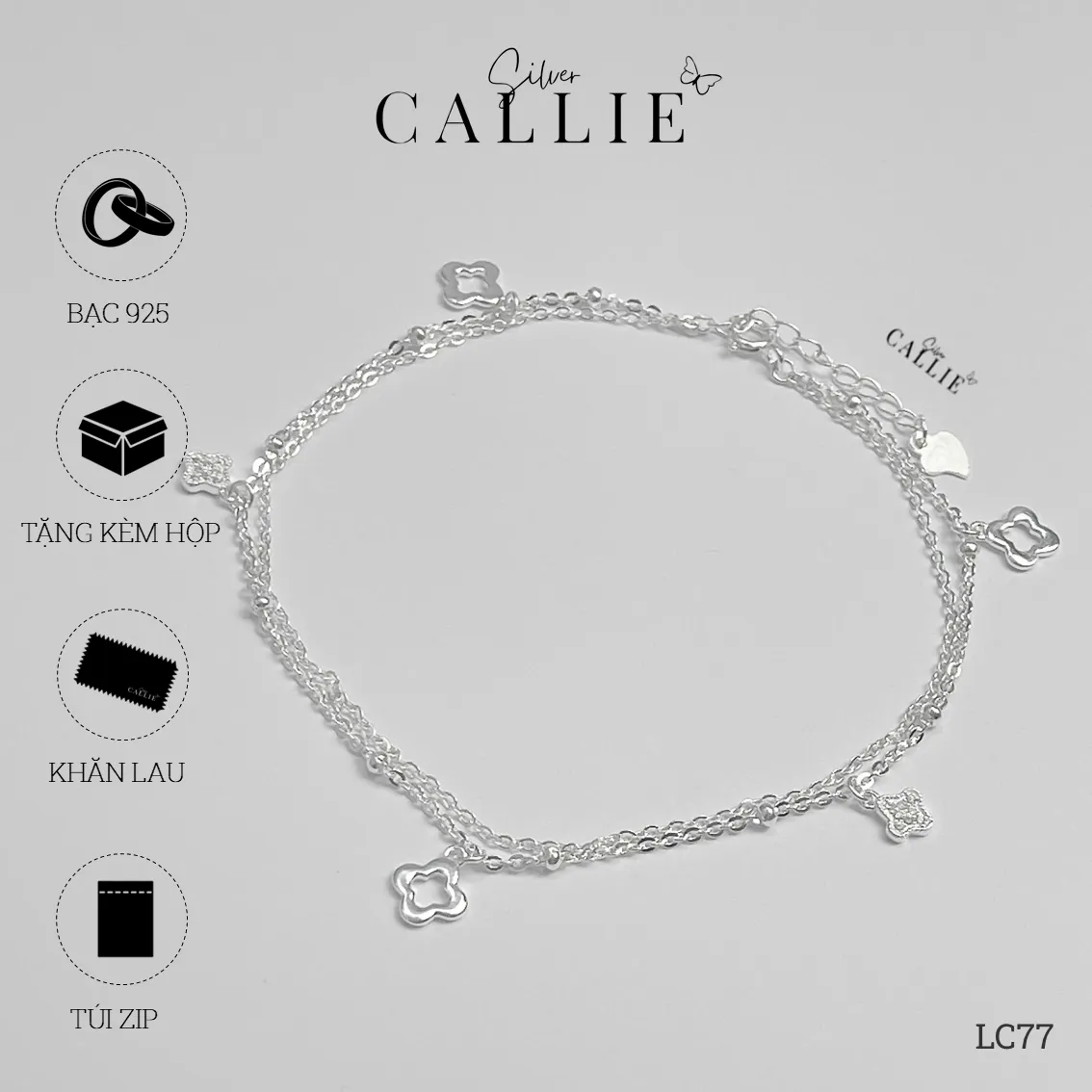 LC77 - Lắc chân bạc Callie Silver dây đôi cỏ 4 lá tòn ten - Image 9