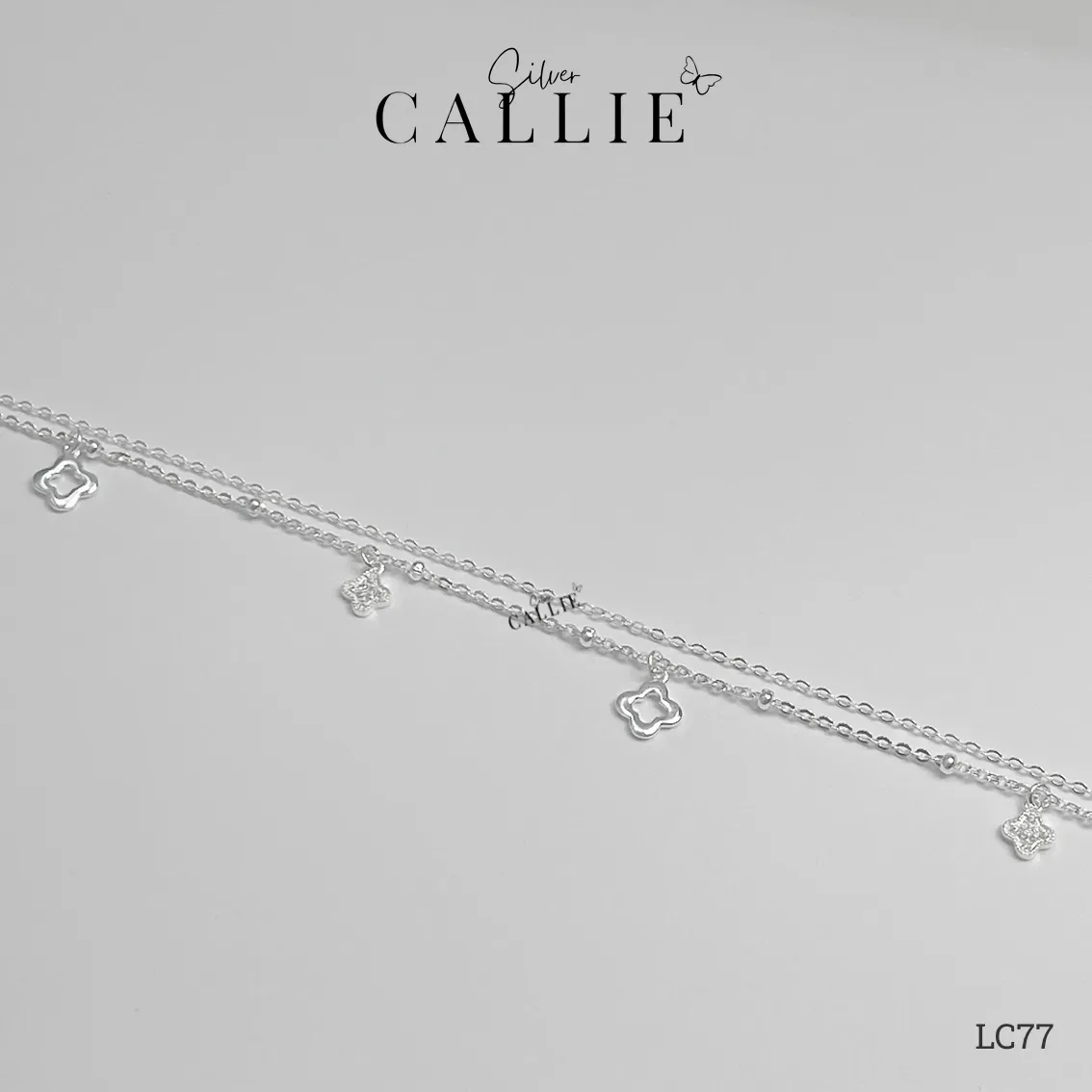 LC77 - Lắc chân bạc Callie Silver dây đôi cỏ 4 lá tòn ten - Image 7