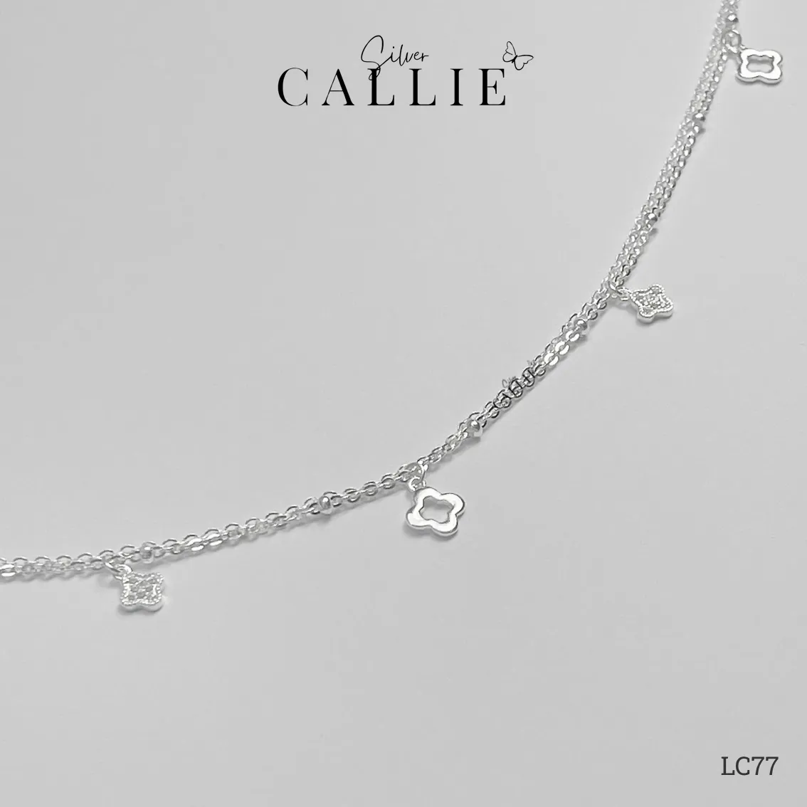 LC77 - Lắc chân bạc Callie Silver dây đôi cỏ 4 lá tòn ten - Image 3