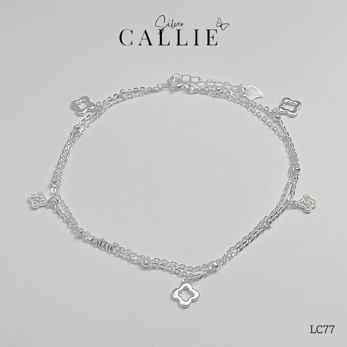 LC77 - Lắc chân bạc Callie Silver dây đôi cỏ 4 lá tòn ten