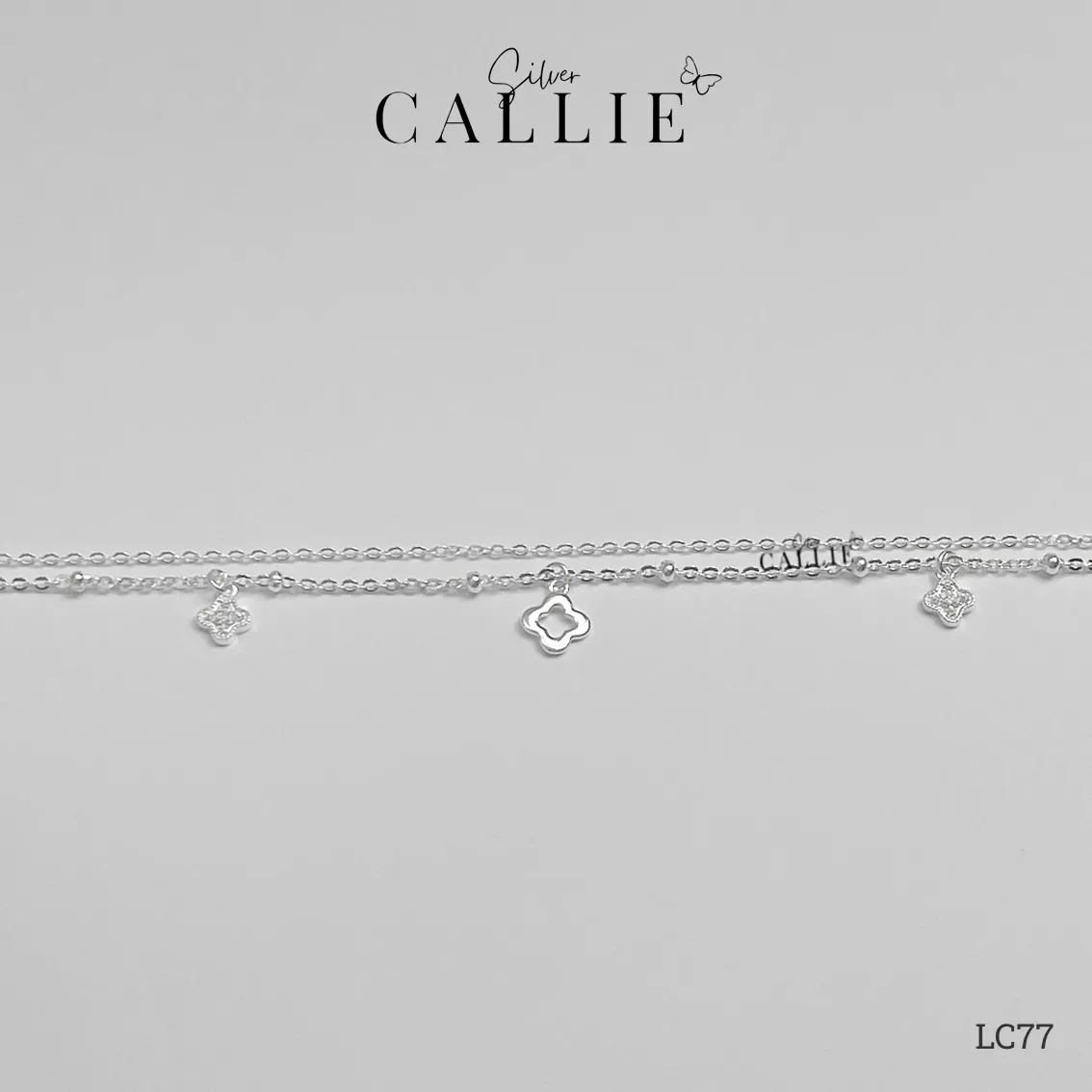 LC77 - Lắc chân bạc Callie Silver dây đôi cỏ 4 lá tòn ten - Image 4