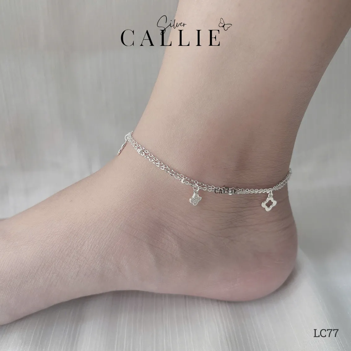 LC77 - Lắc chân bạc Callie Silver dây đôi cỏ 4 lá tòn ten - Image 2