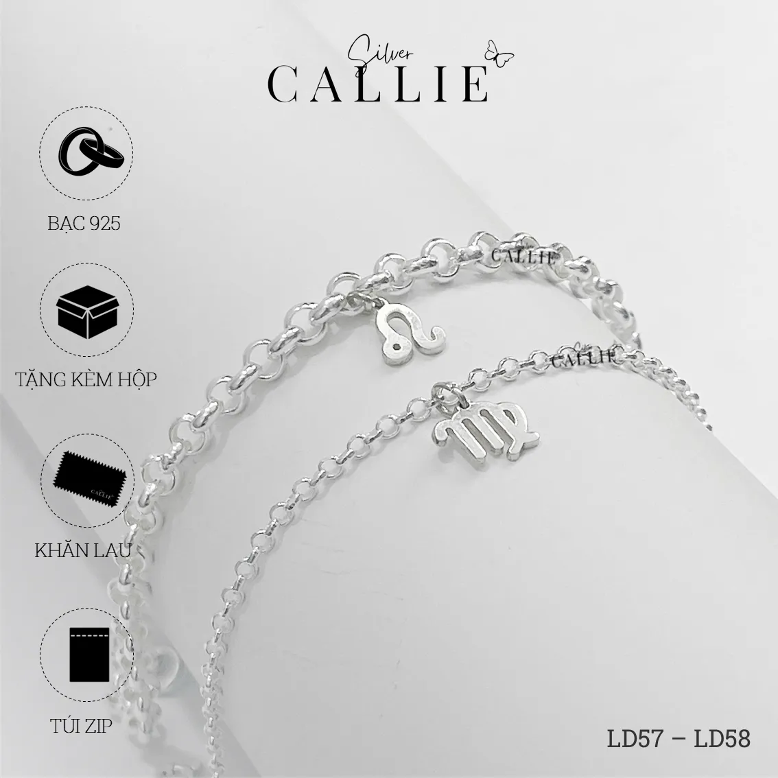 LD57 - LD58: Lắc tay đôi bạc Callie Silver dây tròn kèm charm - Hình ảnh 9