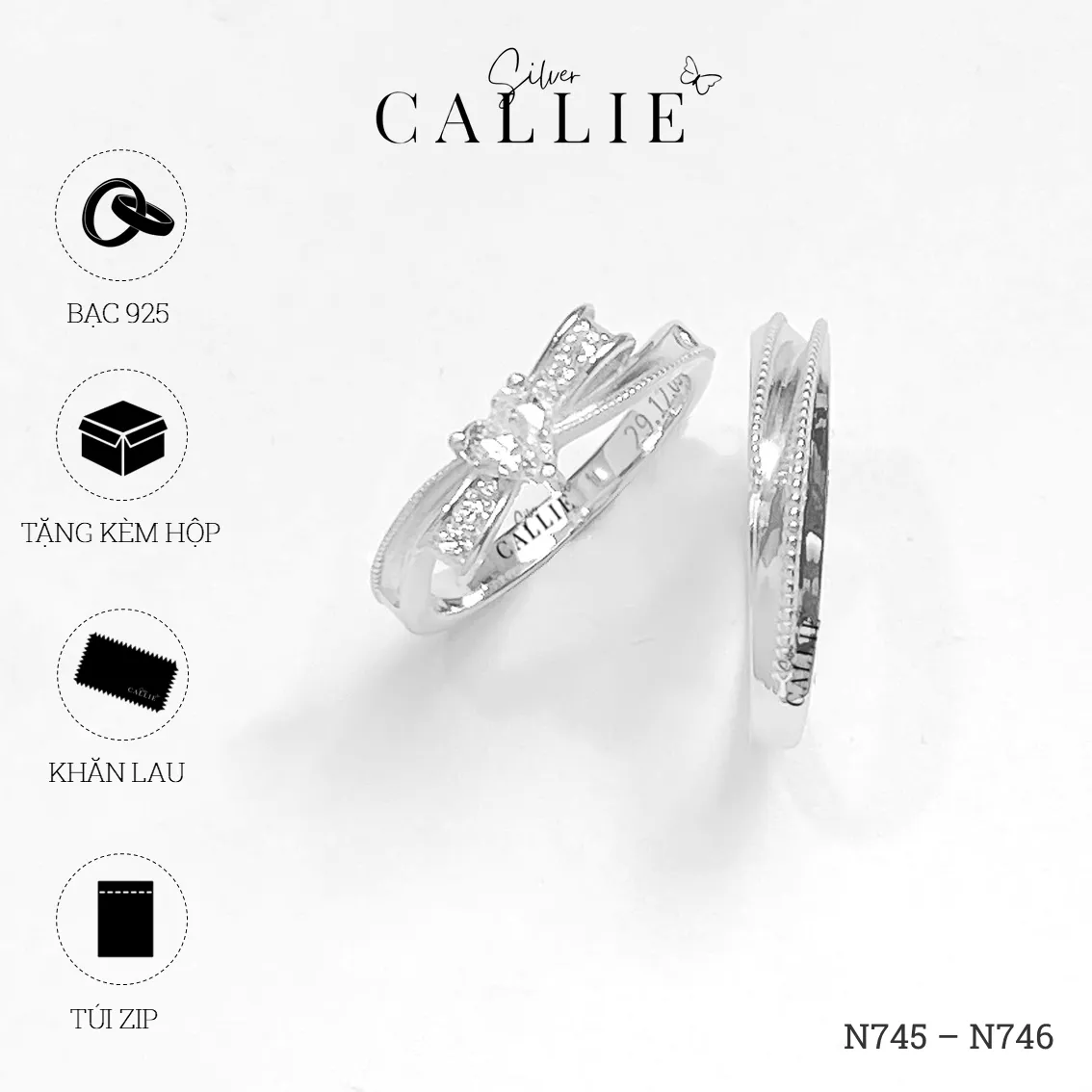 N745 - N746: Nhẫn Bạc Thiết Kế Callie Silver Nơ Đính Đá Viền Bi - Image 8