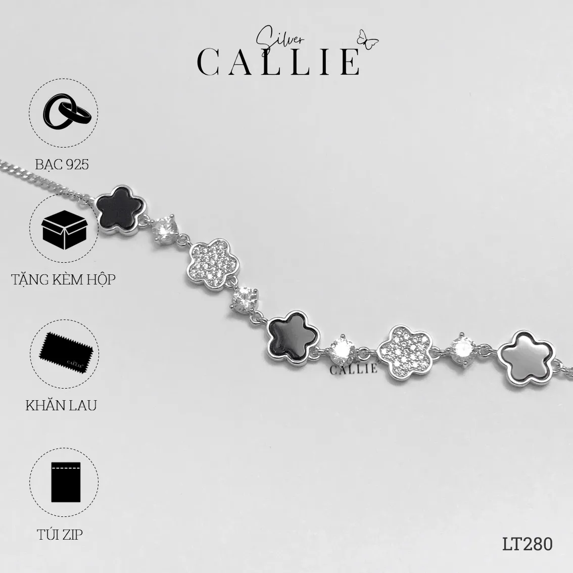 LT280 - Lắc Tay Bạc Callie Silver Xi Kim Hoa Đính Đá và Hoa Đen - Image 12