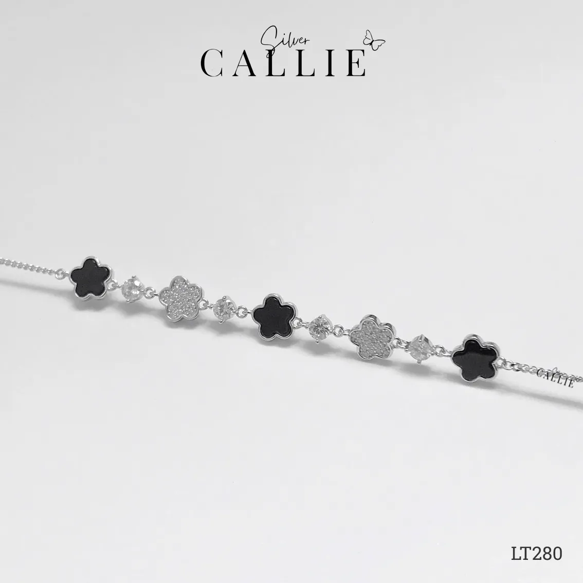 LT280 - Lắc Tay Bạc Callie Silver Xi Kim Hoa Đính Đá và Hoa Đen - Image 5