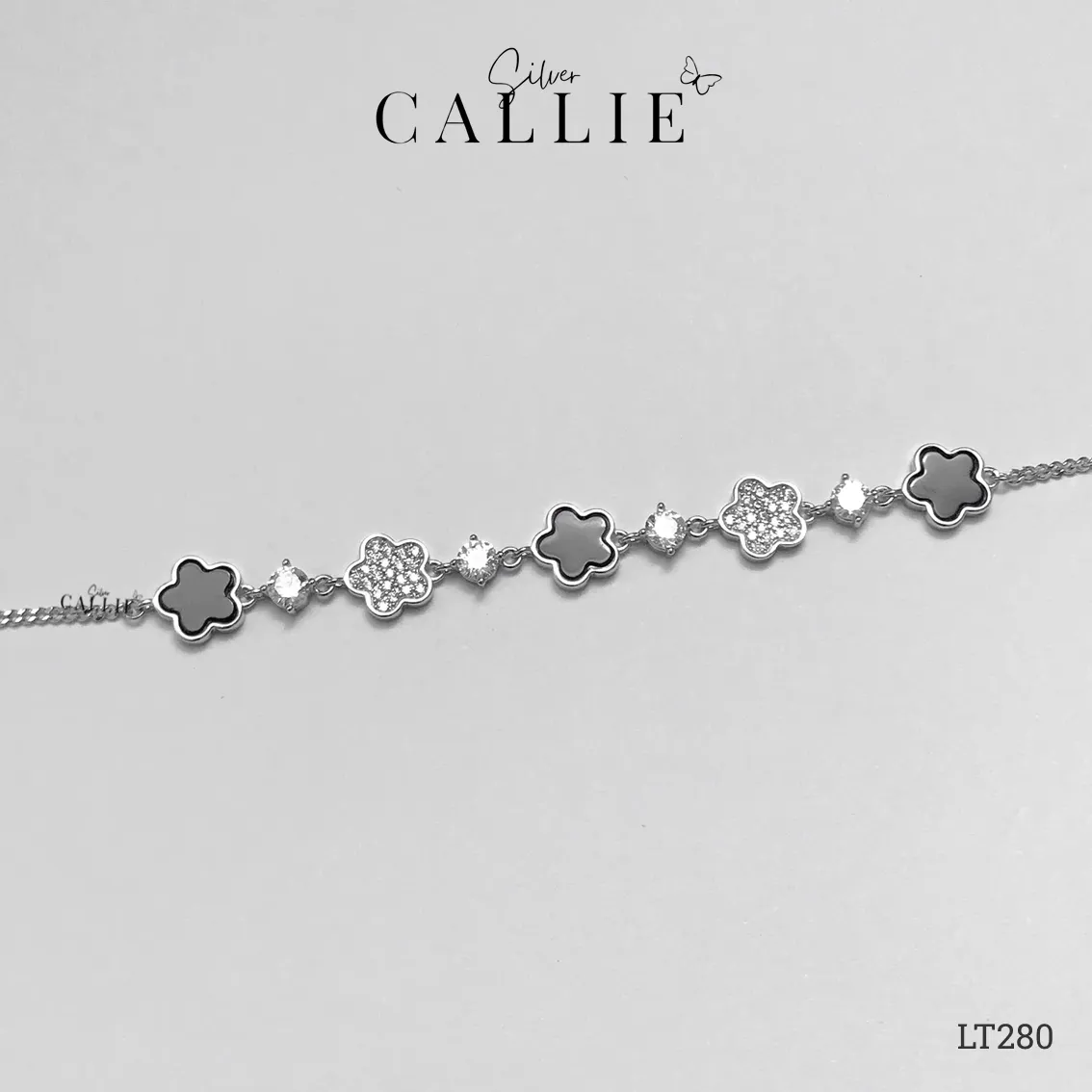 LT280 - Lắc Tay Bạc Callie Silver Xi Kim Hoa Đính Đá và Hoa Đen - Image 8