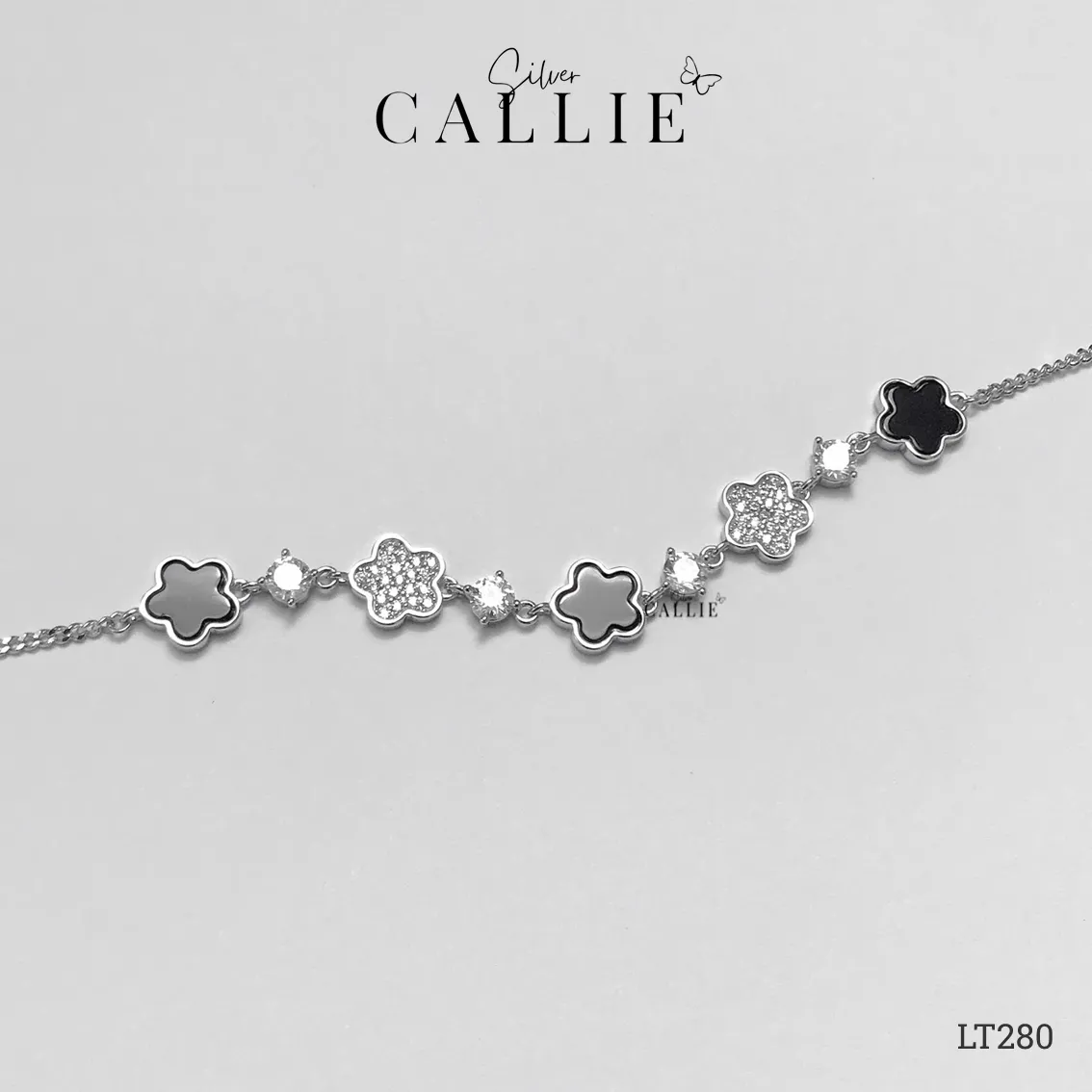 LT280 - Lắc Tay Bạc Callie Silver Xi Kim Hoa Đính Đá và Hoa Đen - Image 9