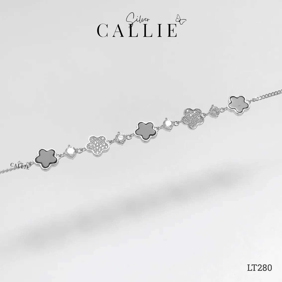 LT280 - Lắc Tay Bạc Callie Silver Xi Kim Hoa Đính Đá và Hoa Đen - Image 3