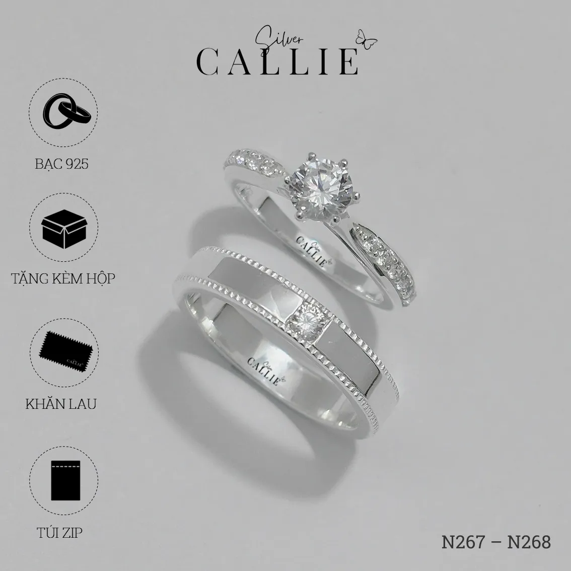 N267 - N268: Nhẫn bạc đôi thiết kế Callie Silver đính đá - Hình ảnh 8